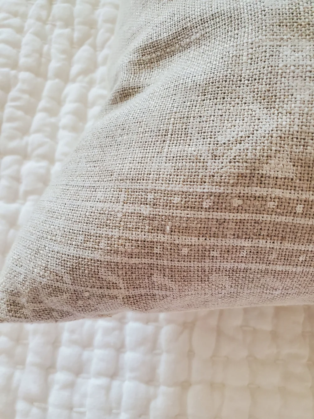 Elio Neutral Beige Linen Throw Pillow with White Floral Print 22x22